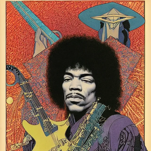 Image similar to vintage record cover by Franklin Booth and Edmund Dulac showing a portrait of Jimi Hendrix as a futuristic space shaman, Alphonse Mucha background, futuristic electric guitar, star map, smoke, platonic solids
