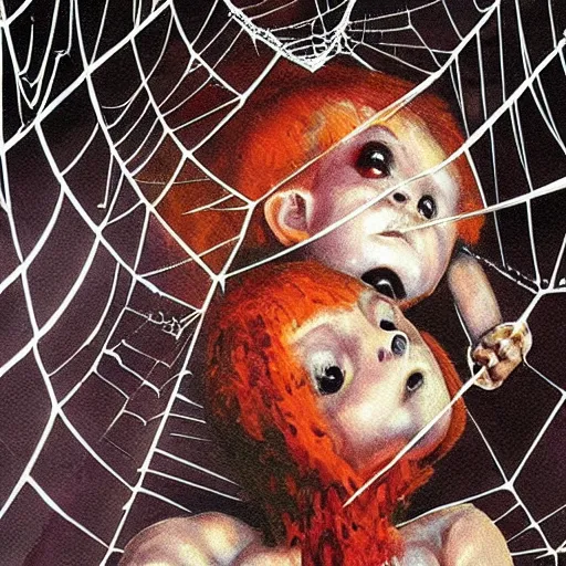 Prompt: Horror spider eating a human baby in its web realistic painting ultra detailed horror UHD 4k