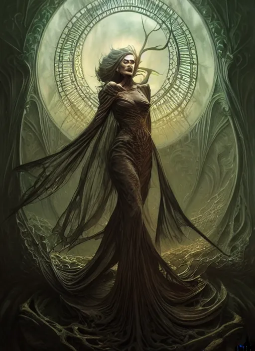 Image similar to portrait shot of an evil witch in a scenic dystopian environment, intricate, elegant, highly detailed, centered, digital painting, artstation, concept art, smooth, sharp focus, illustration, artgerm, tomasz alen kopera, peter mohrbacher, donato giancola, joseph christian leyendecker, wlop, boris vallejo