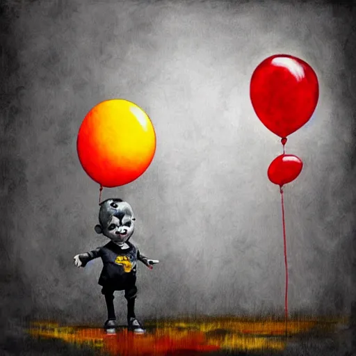 Prompt: surrealism grunge cartoon portrait sketch of a little boy with a wide smile wearing a yellow raincoat with a red balloon by - michael karcz, loony toons style, pennywise style, horror theme, detailed, elegant, intricate