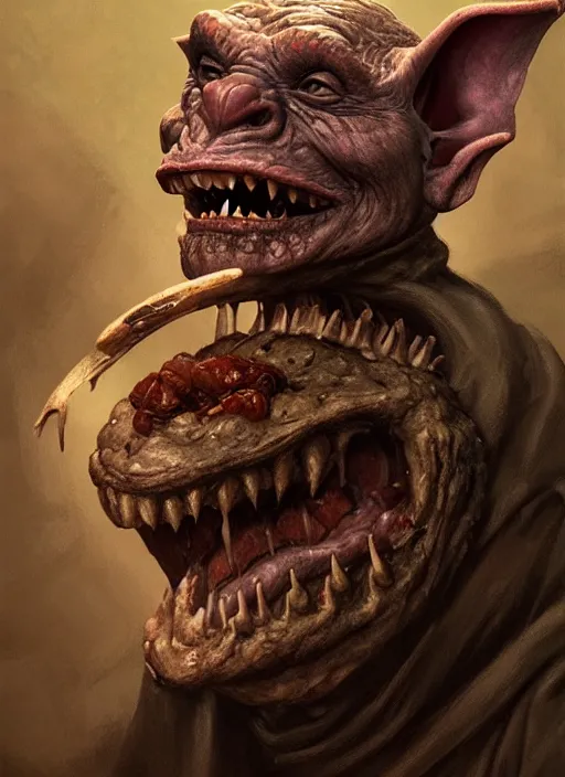 Image similar to profile face portrait of a medieval goblin eating cakes in the cloisters, beautiful face, hyper realistic, highly detailed, digital painting, artstation, illustration, concept art by hyung tae, bosch, giger, frank frazetta, digital paint, matte paint, washed colors, dark, gloomy