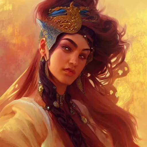 Image similar to persian princess, D&D, painted fantasy character portrait, highly detailed, digital painting, artstation, concept art, sharp focus, illustration, art by artgerm and greg rutkowski and alphonse mucha