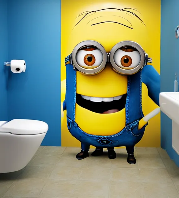 Image similar to a 4 k photorealistic photo of a minion, yellow and blue themed toilet.