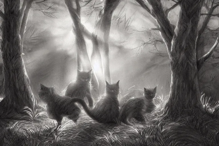 Prompt: cats clawing in the dark forest, dramatic, backlighting, trending on artstation, digital art, trending on furaffinity, by wayne mcloughlin
