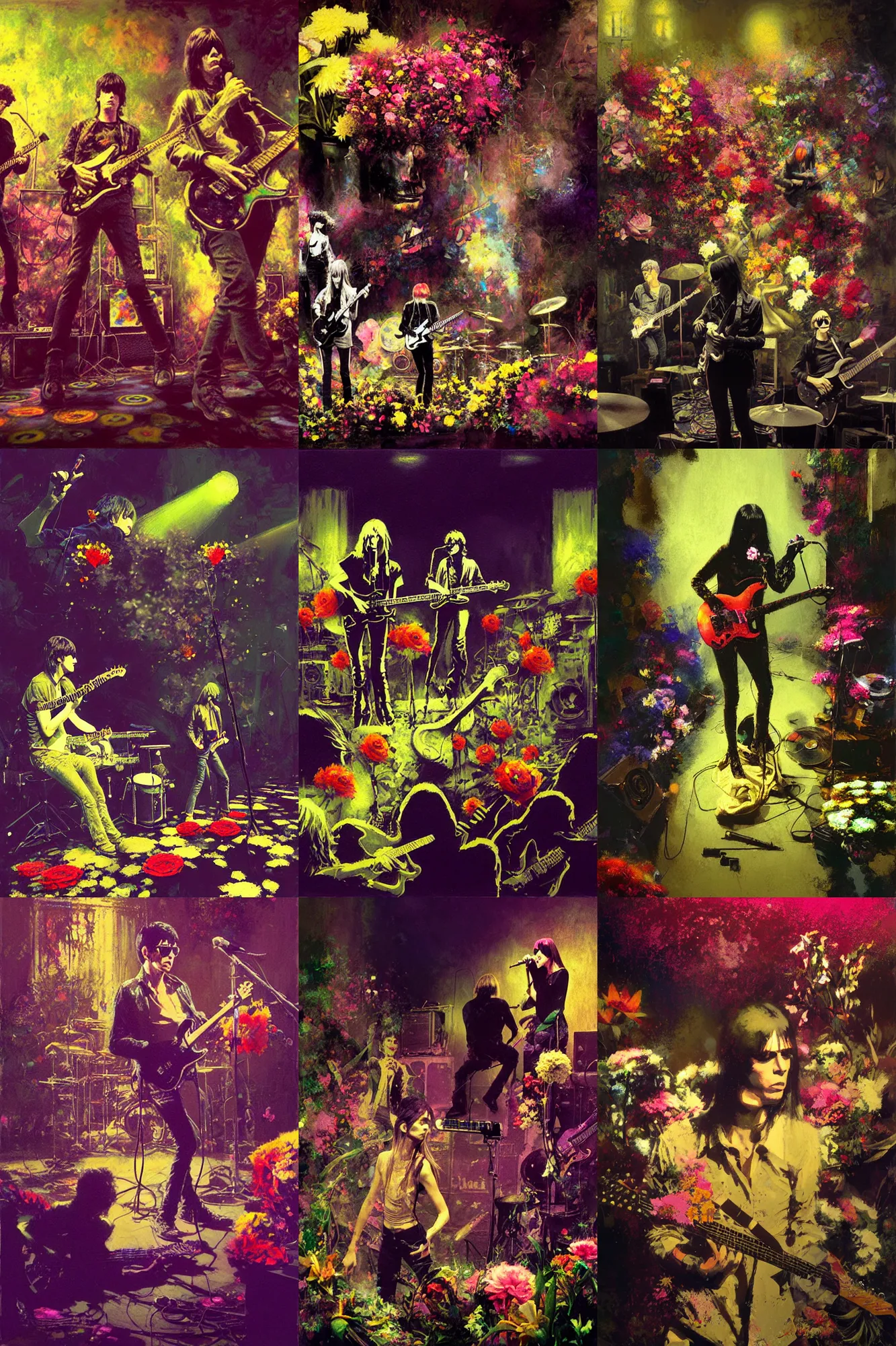 Prompt: the velvet underground and nico playing live on stage, beautiful stage decoration with flowers in the background, painting by craig mullins, very detailed and colorful and ornamental and moody and relaxed and tasteful and laid back and relaxed and cool and high on drugs, trending on artstation, behance contest winner