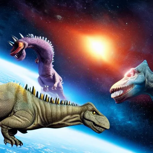 Image similar to dinosaurs living in space, realistic, detailed, precise, 4k