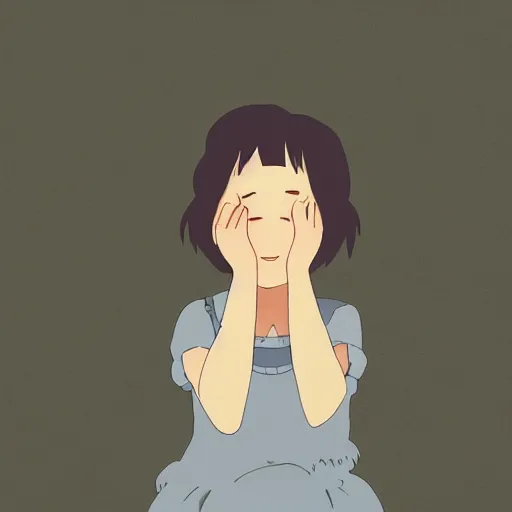 Image similar to girl crying in the corner of a dark room in the style of studio ghibli, soft anime illustration, dark pastel colors, soft ambience, beautiful composition, backlit