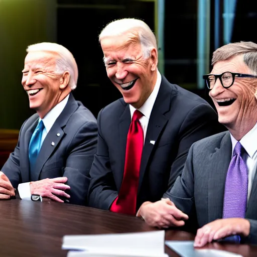 Image similar to stock photo of kim kardashian, joe biden, and bill gates wearing suits and ties laughing in an office building, 8k resolution, full HD, cinematic lighting, award winning, anatomically correct