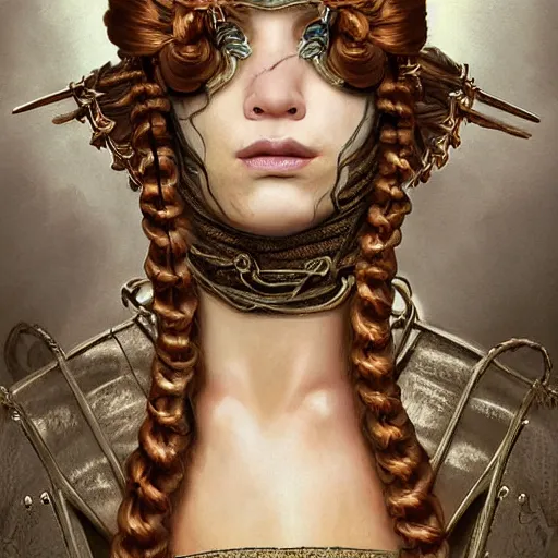 Image similar to portrait of a Shibari rope wrapped face and neck, headshot, insanely nice professional hair style, dramatic hair color, digital painting, of a old 15th century, roman gladiator, amber jewels, baroque, ornate clothing, scifi, realistic, hyperdetailed, chiaroscuro, concept art, art by Franz Hals and Jon Foster and Ayami Kojima and Amano and Karol Bak,