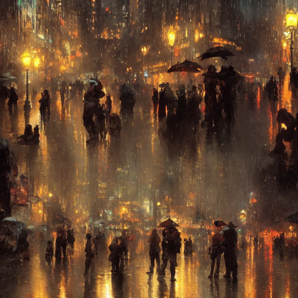 Image similar to a beautiful city at night, wet sidewalk, people, reflections, raindrops, art by craig mullins, greg rutkowski, alphonse mucha, trending on artstation, extremely detailed, masterpiece