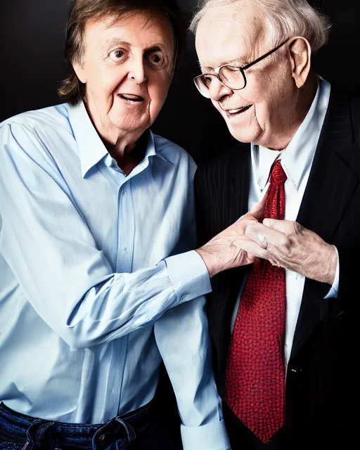 Prompt: 35mm macro photograph Paul McCartney and Warren Buffet, flirting expression, wearing a camisole, vibrant high contrast, octane, arney freytag, Fashion photo shoot,, glamorous, tattoos,shot in the photo studio, backlit, rim lighting, 8k