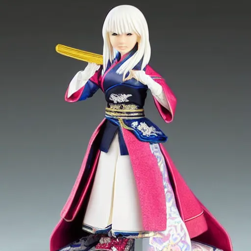 Prompt: a japanese princess young lady, with white hair and bangs!!!! beauty, action figure, well lit, studio light, painted action figure, toy advertisement