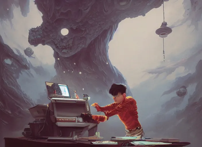 Image similar to an insanely detailed painting of an asian man wearing a homemade superhero costume, sitting at a desk, staring seriously at the computer and typing, in the style of peter mohrbacher, james jean, artgerm, dramatic lighting and composition, surreal background, octane render, pixar, trending on artstation, concept art, comic book, view from behind, 8 k