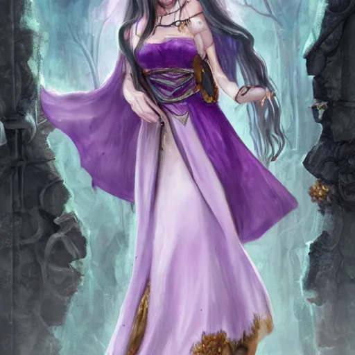 Image similar to Pale Sorceress with long dark hair walking within an abandoned and decayed medieval temple. She wears a purple dress adorned in jewelry flashing gold, trending on artstation, dark fantasy