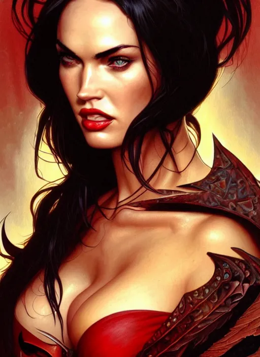 Image similar to portrait of megan fox as devil, red skin, batwings, hell, intricate, headshot, highly detailed, digital painting, artstation, concept art, sharp focus, cinematic lighting, illustration, art by artgerm and greg rutkowski, alphonse mucha, cgsociety