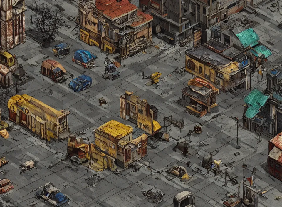 Prompt: Screenshot of a Polish city street in Fallout 2 (1998), isometric perspective, postapocalyptic, bird's eye view, prerendered isometric graphics, high quality