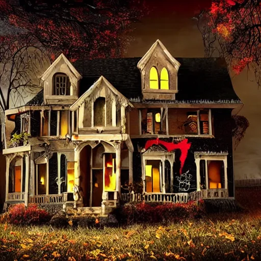 Prompt: A spooky haunted house, with ghosts and ghouls lurking around every corner, in a Halloween style.