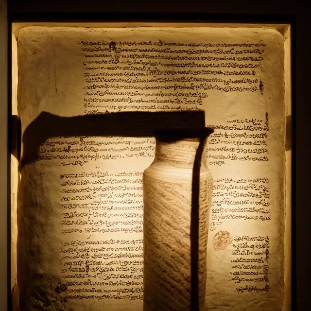 Prompt: a photo of a museum display showing an ancient scroll with thamudic writing beside a cylindrical clay jar inside a glass case, dark, brooding, atmospheric, volume lighting