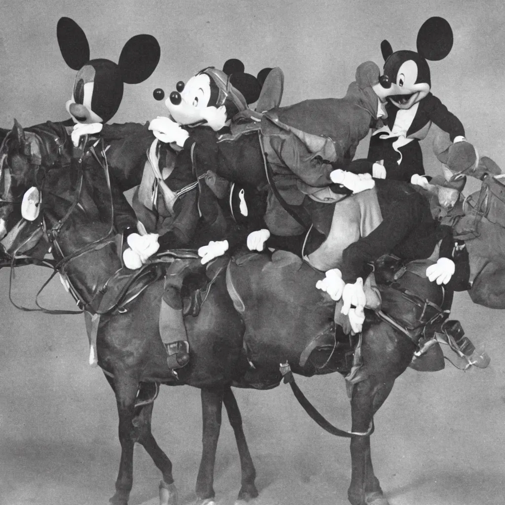 Image similar to a photograph of mickey mouse riding a horse called mini mouse