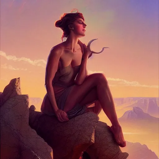 Image similar to a painting of a woman sitting on a cliff, a character portrait by clyde caldwell and tom bagshaw, cg society, fantastic realism, official art, 1 9 9 0 s, academic art