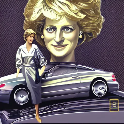 Image similar to Princess Diana standing next to a Mercedes-Benz W140, highly detailed, digital painting, artstation, concept art, smooth, sharp focus, illustration, art by artgerm and alphonse mucha, high definition digital art, in the style of Ross tran and ilya kuvshinov