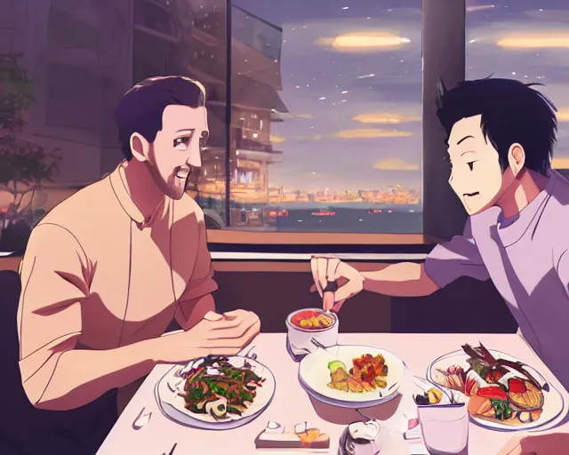 Image similar to harry kane and son heung-min eating dinner at a restaurant, slice of life anime, lighting, anime scenery by Makoto shinkai