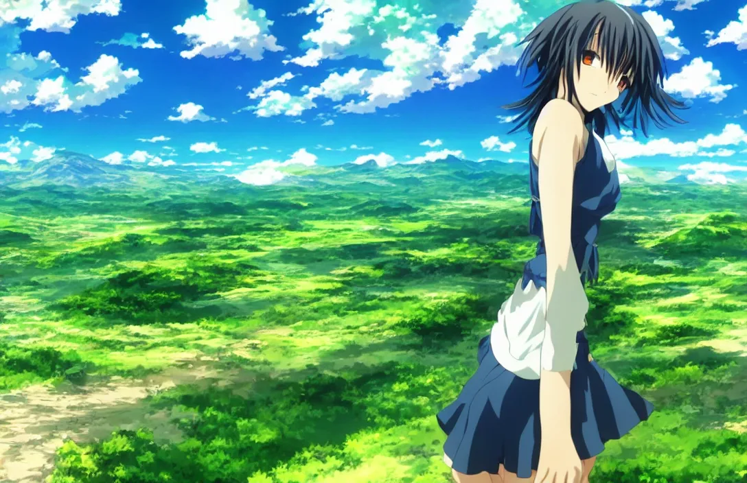 Image similar to an Anime Background Photo of a Valley with green plains and blue sky, with an anime girl standing in the foreground