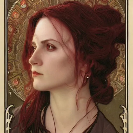 Image similar to portrait of a lady vampire, 35mm, victorian, rim light, depth of field, DOF, ominous, sharp, highly detailed, photorealistic, realistic, unreal 5, high definition, 8k, deviantart, donato giancola, irwin penn, Alphonse Mucha