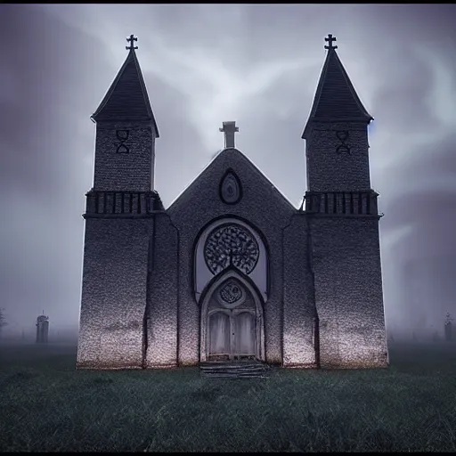 Image similar to ghotic haunted church, thunderstorm, scary ambiance, fog, cinematic, unreal engine