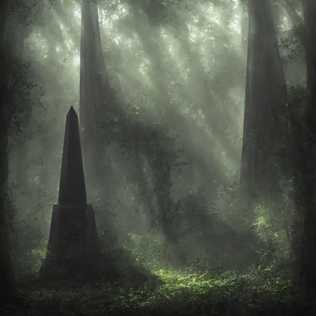 Image similar to a black obelisk covered in foliage deep in a mystical grove, god rays, warm natural lighting, trending on artstation, 4k, award-winning fantasy art, beautiful somber melancholic atmosphere,