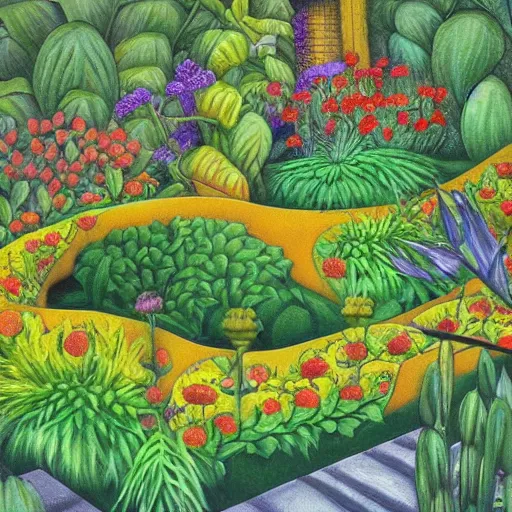 Image similar to intricate garden, painting by mc escher
