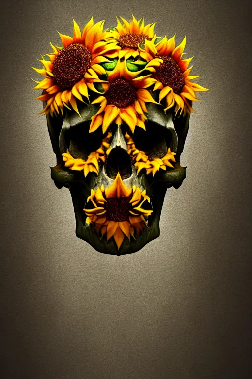 Image similar to skull head made of sunflower, spooky halloween theme, wallpaper aesthetic, creepy, cinematic, dramatic, super detailed and intricate, 4 k render, by koson ohara, by darwyn cooke, by satoshi kon