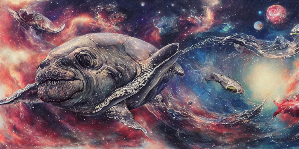 Prompt: detailed painting of aquatic animals swimming in space, whales, turtles, sting rays, colorful nebulas, planets, in the style of ayami kojima, artem demura