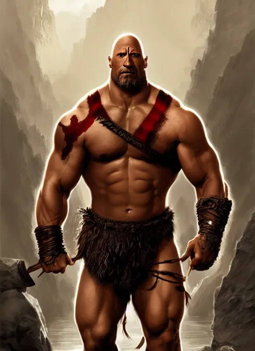 Prompt: ! dream portrait of aggressive dwayne johnson as kratos, d & d, muscular! intricate, elegant, highly detailed, digital painting, artstation, concept art, smooth, sharp focus, illustration, art by artgerm and greg rutkowski and alphonse mucha