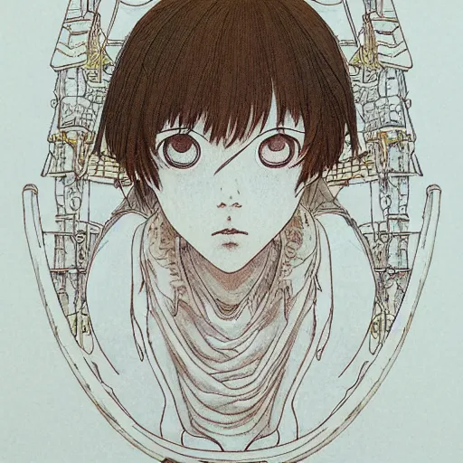 Image similar to prompt: Fragile looking vessel portrait face drawn by Katsuhiro Otomo, inspired by smithe one, magical and alchemical objects on the side, soft light, white background, intricate detail, intricate ink painting detail, sharp high detail, manga and anime 2000