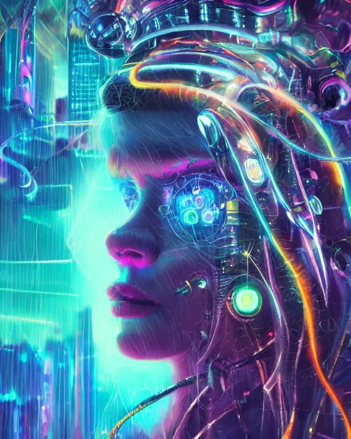 Image similar to a cyberpunk close up portrait of evil cyborg medusa, electricity, rainbow, snakes in hair, sparks, bokeh, soft focus, sparkling, glisten, water drops, cold, dark, geometric, temples behind her, by paul lehr, jesper ejsing