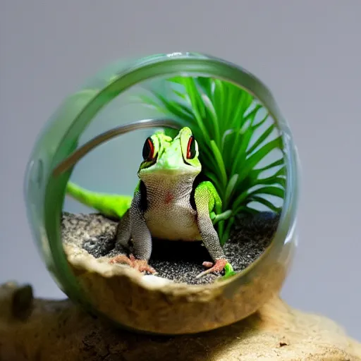 Prompt: angry bird gecko sitting inside a terrarium