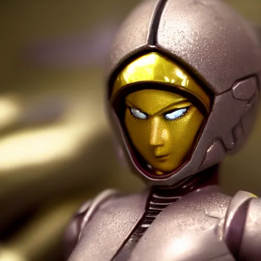 Image similar to helmet portrait of a figurine of samus aran's varia suit from the sci - fi nintendo videogame metroid. shallow depth of field. suit of armor.