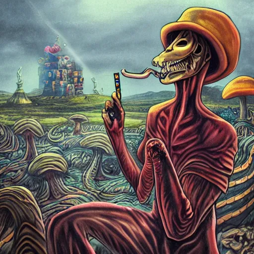 Image similar to A centered chest up portrait of a psychedelic demonic anthropomorphic snake smoking a hand-rolled cigarette smoking heavily , magic mushroom village in background , award winning. superb resolution. in the art style of junji Ito and greg rutkowski . Detailed Mushroom city in background. Hyper realistic anime. Perfect art. Dalle2