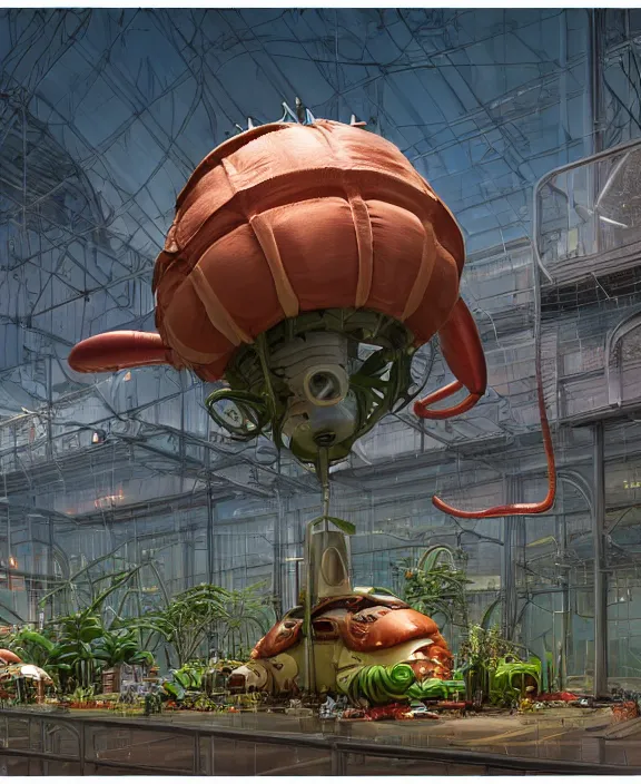 Image similar to simplicity, inflated industrial plant made from isopod lobster octopus, in the style of spaceship, overgrown with orchids, partly cloudy, somber, dramatic lighting, by geof darrow, bill sienkiewicz, dan mumford, yusuke murata, makoto shinkai, ross tran, cinematic, unreal engine, cel shaded, featured on artstation, pixiv