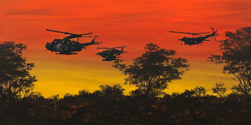 Image similar to Painting of vietnam Huey Helicopters, above a forest, orange sun set, abstract, realism, high details, glow, far, distance, over the horizon, drawn, 8k