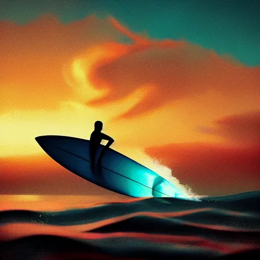 Image similar to surfing at sunset, by scott uminga trending on artstation, trending on deviantart,