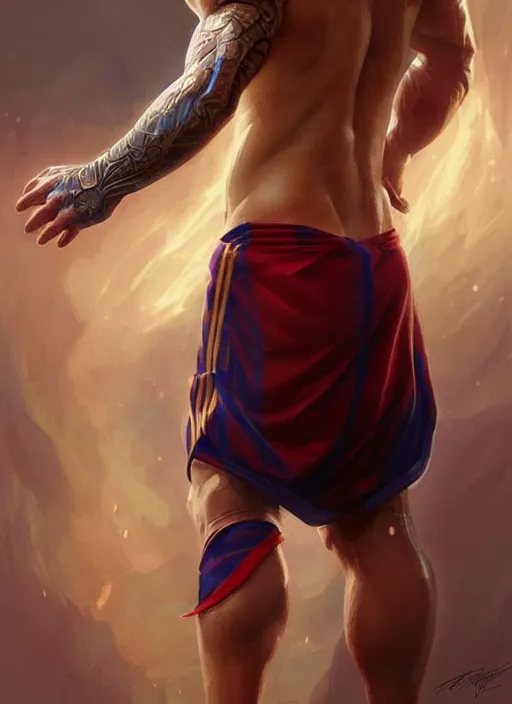 Prompt: lionel messi, d & d, muscular! fantasy, intricate, elegant, highly detailed, digital painting, artstation, concept art, smooth, sharp focus, illustration, art by artgerm and greg rutkowski and alphonse mucha