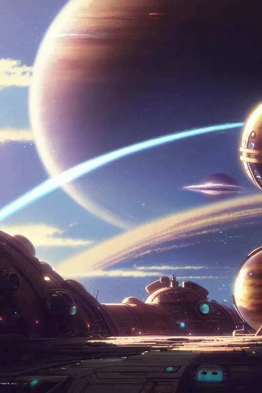 Image similar to steampunk spaceship infront of a planet, exquisite details, denoised, mid view, by karl kopinski, artsation, greg rutkowski, makoto shinkai, takashi takeuchi, studio ghibli