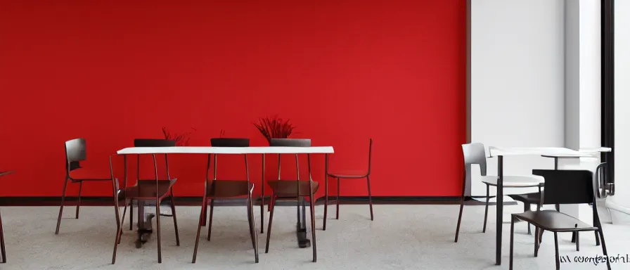 Image similar to a beautiful simple interior render of small roasted string hotpot restaurant restaurant yan'an, wall corner, from china, red paper wall and white tile floor, rectangle white porcelain table, black chair, fine simple delicate structure, chinese style, simple composition, simple style structure decoration design, victo ngai, 4 k hd