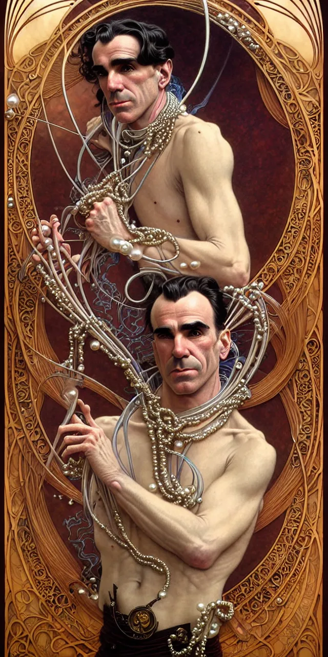 Image similar to handsome daniel day lewis art nouveau fantasy character portrait, ultra realistic, intricate details, the fifth element artifacts, highly detailed by peter mohrbacher, hajime sorayama, wayne barlowe, boris vallejo, aaron horkey, gaston bussiere, craig mullins alphonse mucha, art nouveau curves swirls and spirals, flowers pearls beads crystals jewelry goldchains scattered