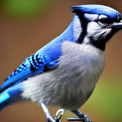 Prompt: 4 k photograph of a blue jay wearing headphones