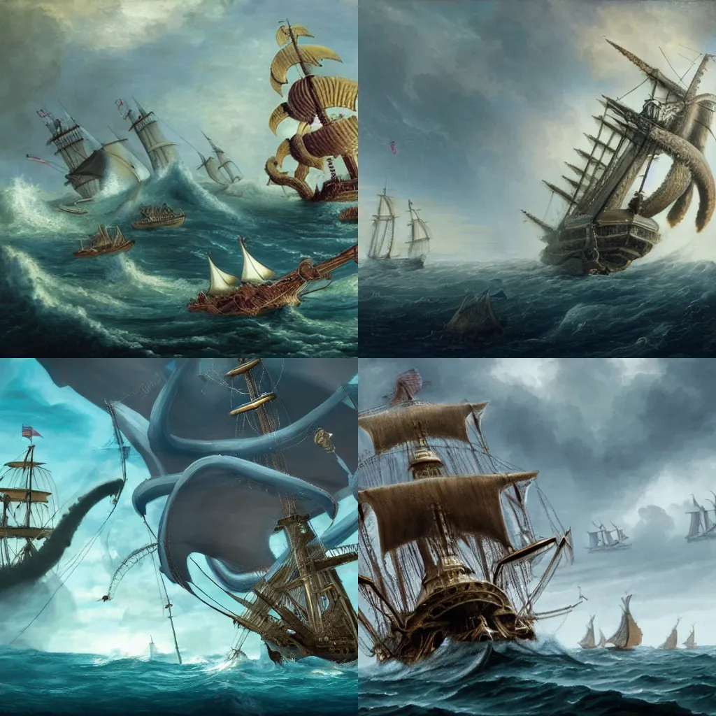 Image similar to a sea kraken attacking a galleon