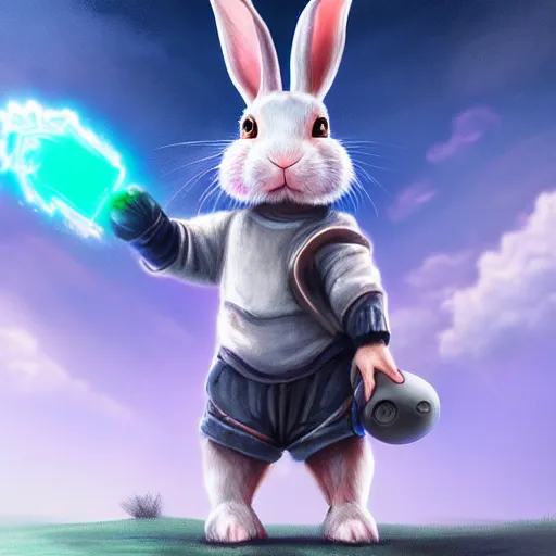 Prompt: A rabbit playing video games, uplifting , wearing a headset, fantasy, digital painting, trending on ArtStation, HDR shot