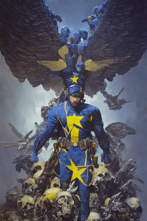 Image similar to A distant shot of a super soldier with a Ukrainian blue and yellow uniform with wings is standing on a pile of skulls, Call of Duty, marvel comics, dark, intricate, highly detailed, smooth, artstation, digital illustration by Ruan Jia and Mandy Jurgens and Artgerm and Wayne Barlowe and Greg Rutkowski and Frank Frazetta